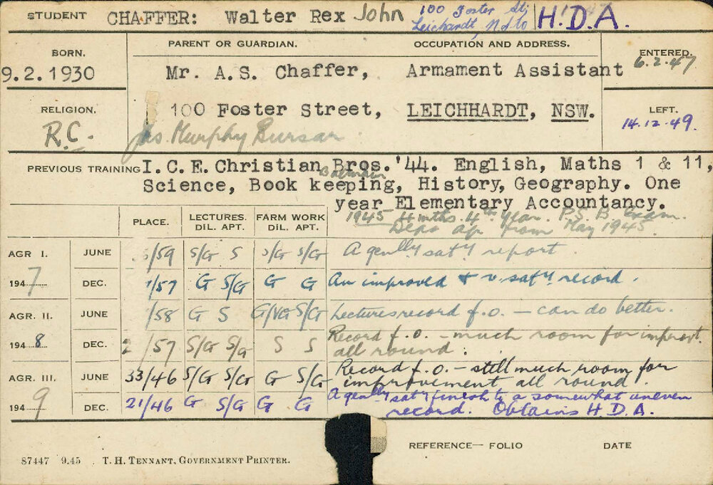 CHAFFER, Walter Rex John (Hawkesbury Diploma of Agriculture (HDA))