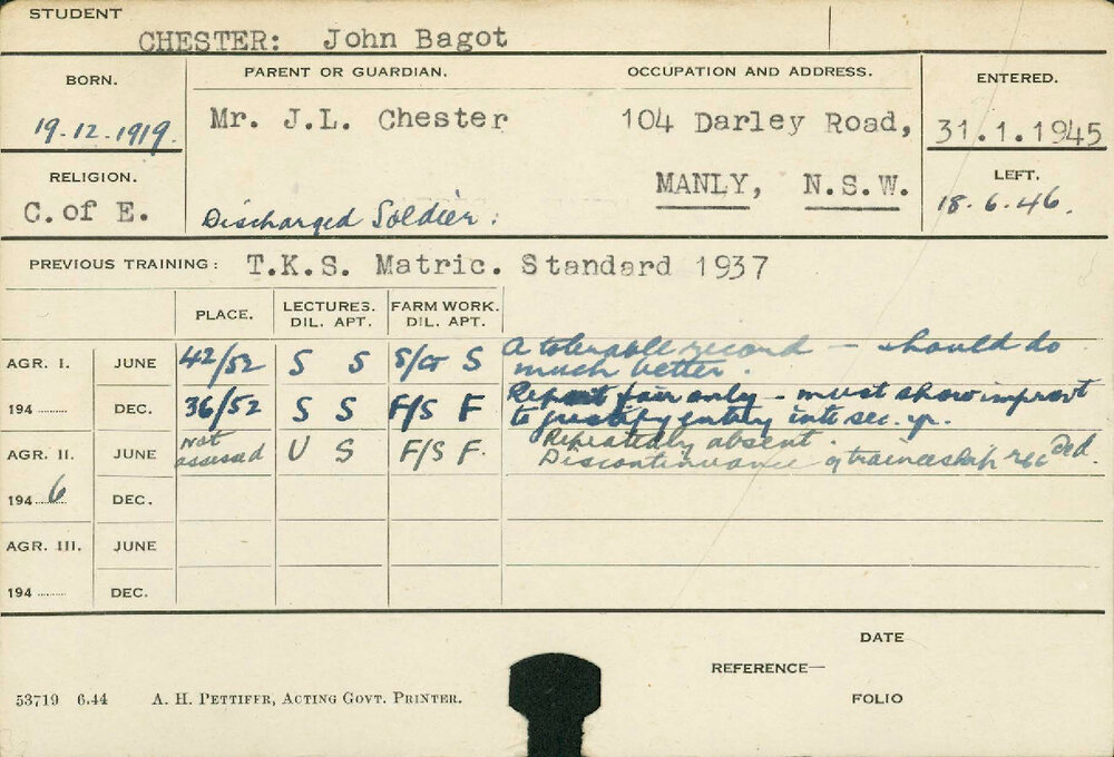 CHESTER, John Bagot (Hawkesbury Diploma of Agriculture (HDA)####)