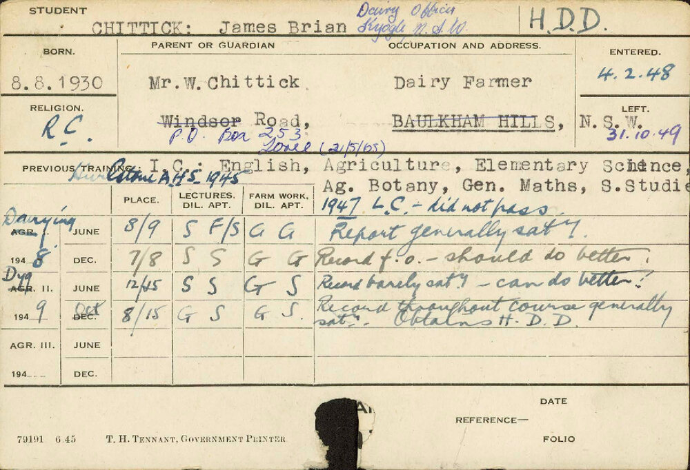 CHITTICK, James Brian (Hawkesbury Diploma in Dairy (HDD))