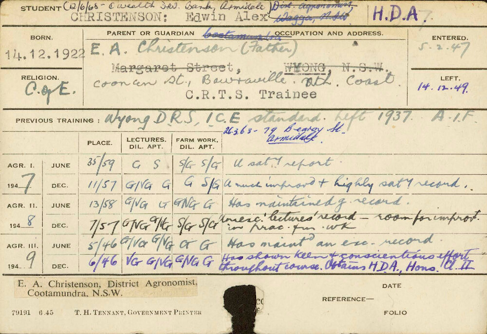 CHRISTENSON, Edwin Alex (Hawkesbury Diploma of Agriculture (HDA) (Honours Class II))