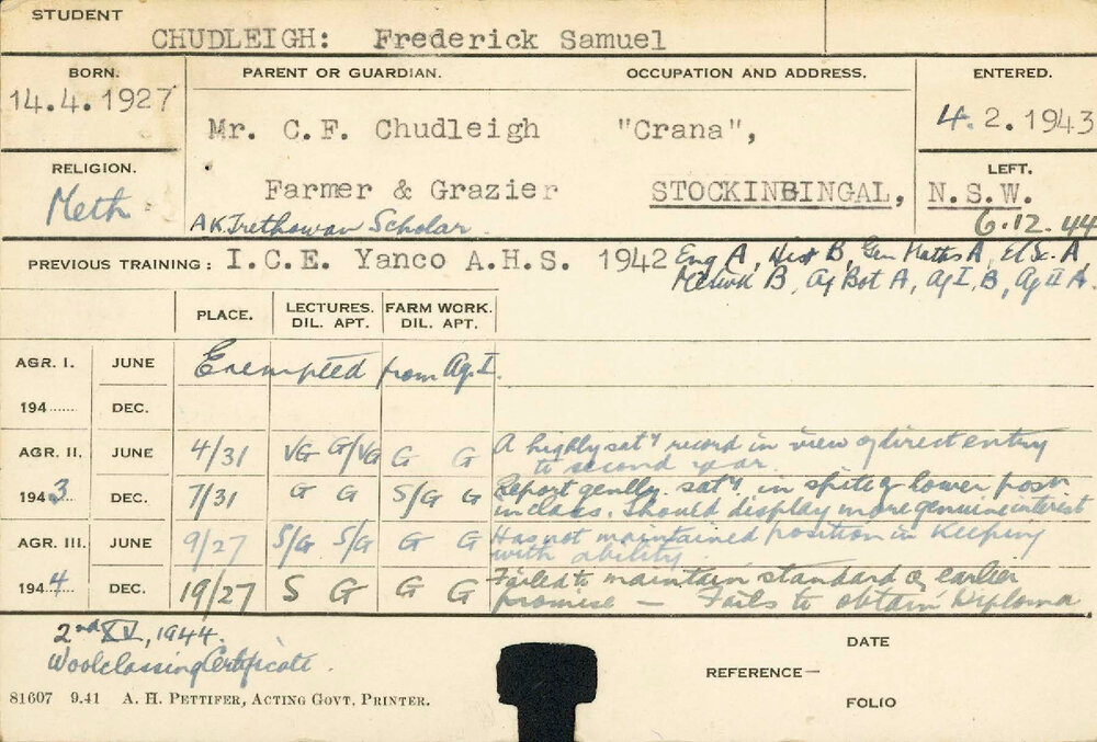 CHUDLEIGH, Frederick Samuel (Certificate - Woolclassing)