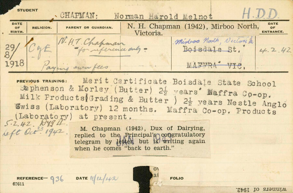 CHAPMAN, Norman Harold Melnot (Hawkesbury Diploma in Dairy (HDD) (Dux) (Honours Class I))