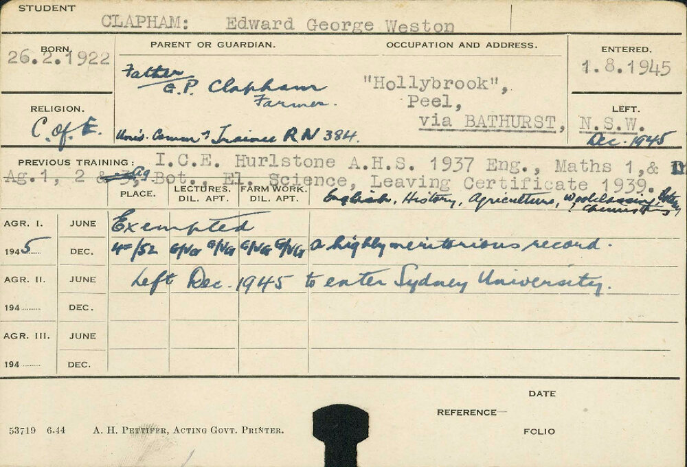 CLAPHAM, Edward George Weston (Hawkesbury Diploma of Agriculture (HDA))