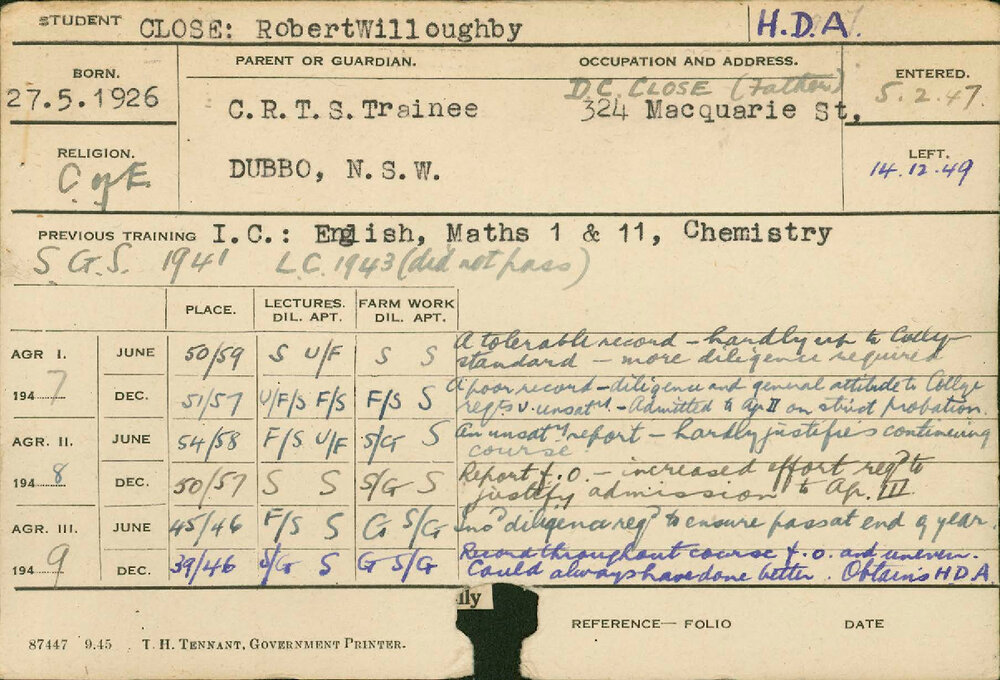 CLOSE, Robert Willoughby (Hawkesbury Diploma of Agriculture (HDA))