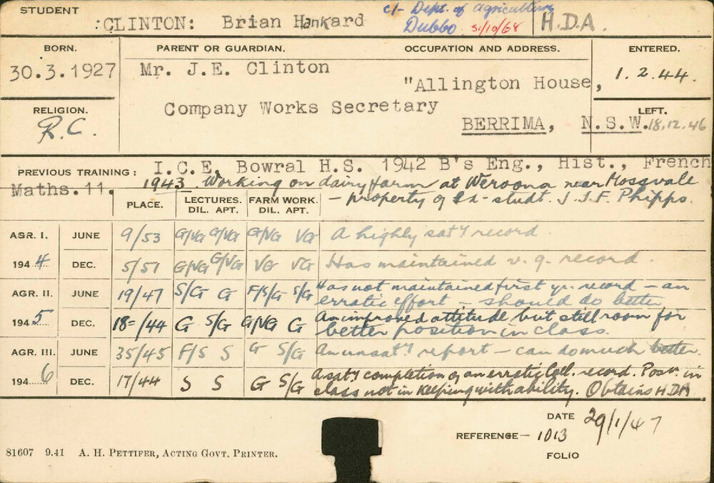 CLINTON, Brian Hankard (Hawkesbury Diploma of Agriculture (HDA))