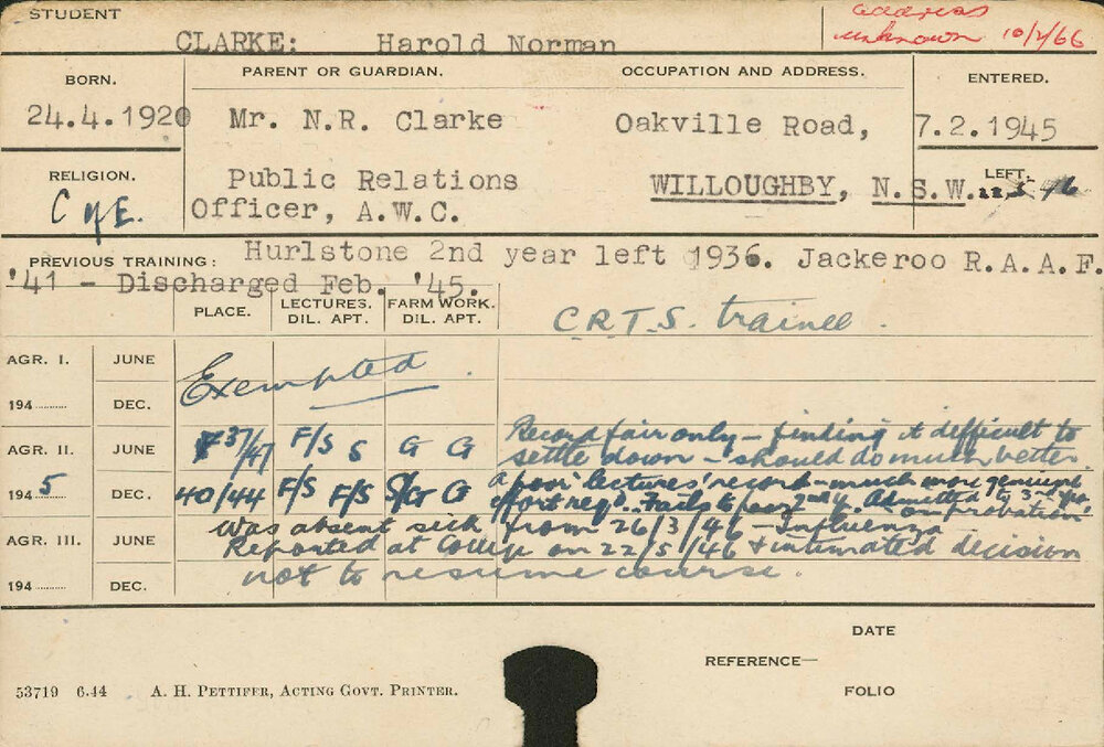 CLARKE, Harold Norman (Course Not Identified)