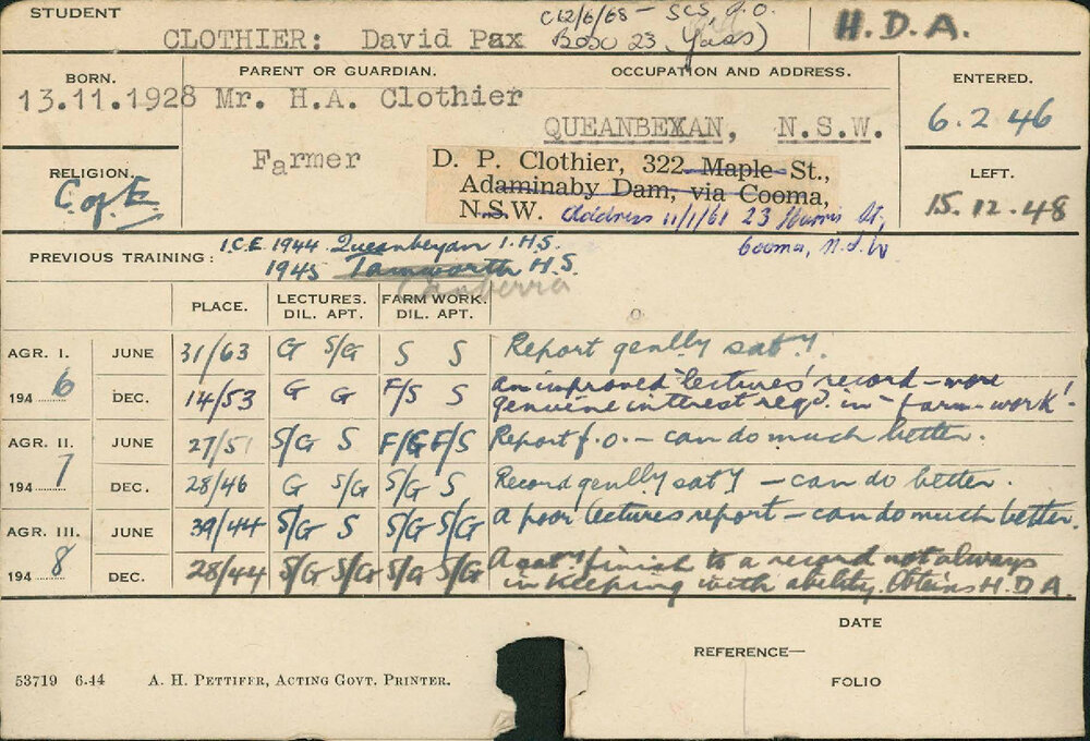 CLOTHIER, David Pax (Hawkesbury Diploma of Agriculture (HDA))