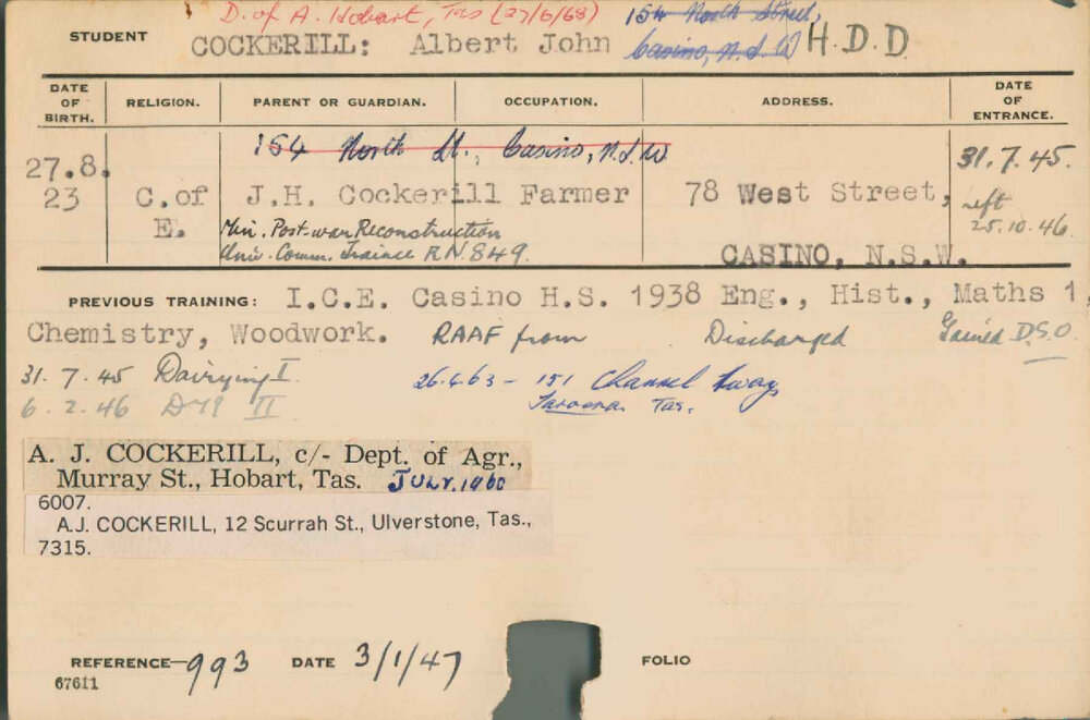 COCKERILL, Albert John (Hawkesbury Diploma in Dairy (HDD))