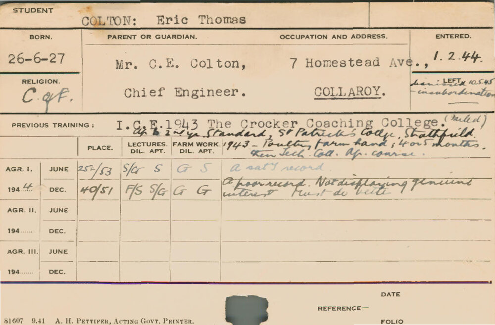 COLTON, Eric Thomas (Course Not Identified (Dismissed for insubordination))