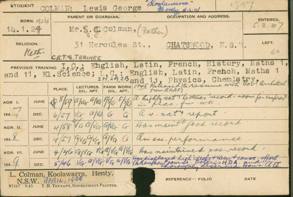 COLMAN, Lewis George (Hawkesbury Diploma of Agriculture (HDA))