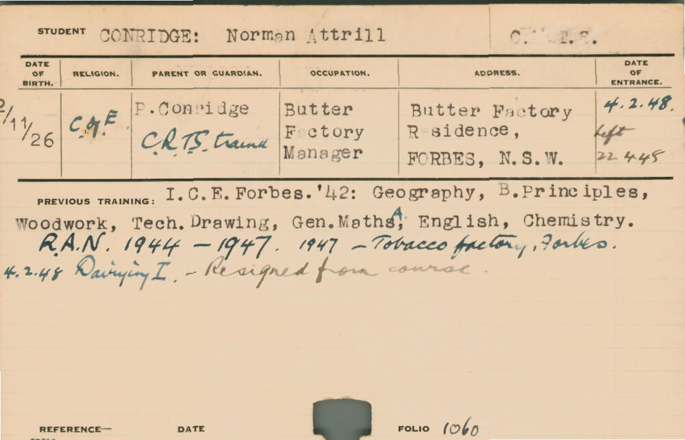 CONRIDGE, Norman Attrill (Hawkesbury Diploma in Dairy (HDD))