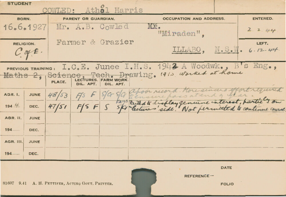 COWLED, Athol Harris (Hawkesbury Diploma of Agriculture (HDA))