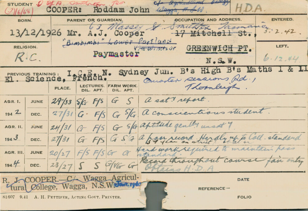 COOPER, Roddam John (Hawkesbury Diploma of Agriculture (HDA))