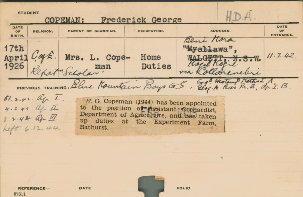 COPEMAN, Frederick George (Hawkesbury Diploma of Agriculture (HDA))