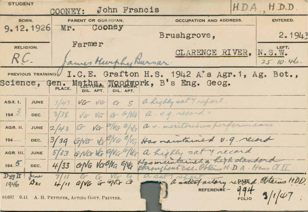COONEY, John Francis (Hawkesbury Diploma of Agriculture (HDA) &amp; Dairy)