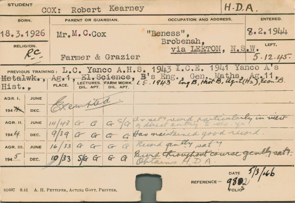COX, Robert Kearney (Hawkesbury Diploma of Agriculture (HDA))