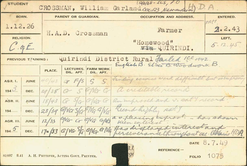 CROSSMAN, William Garland (Hawkesbury Diploma of Agriculture (HDA))
