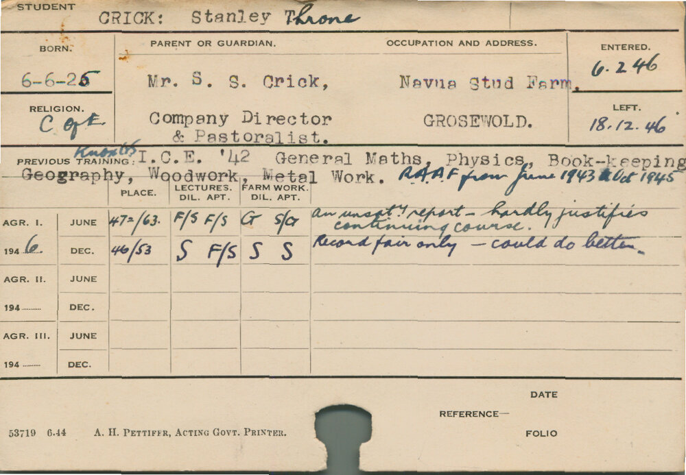 CRICK, Stanley Throne (Course Not Identified)