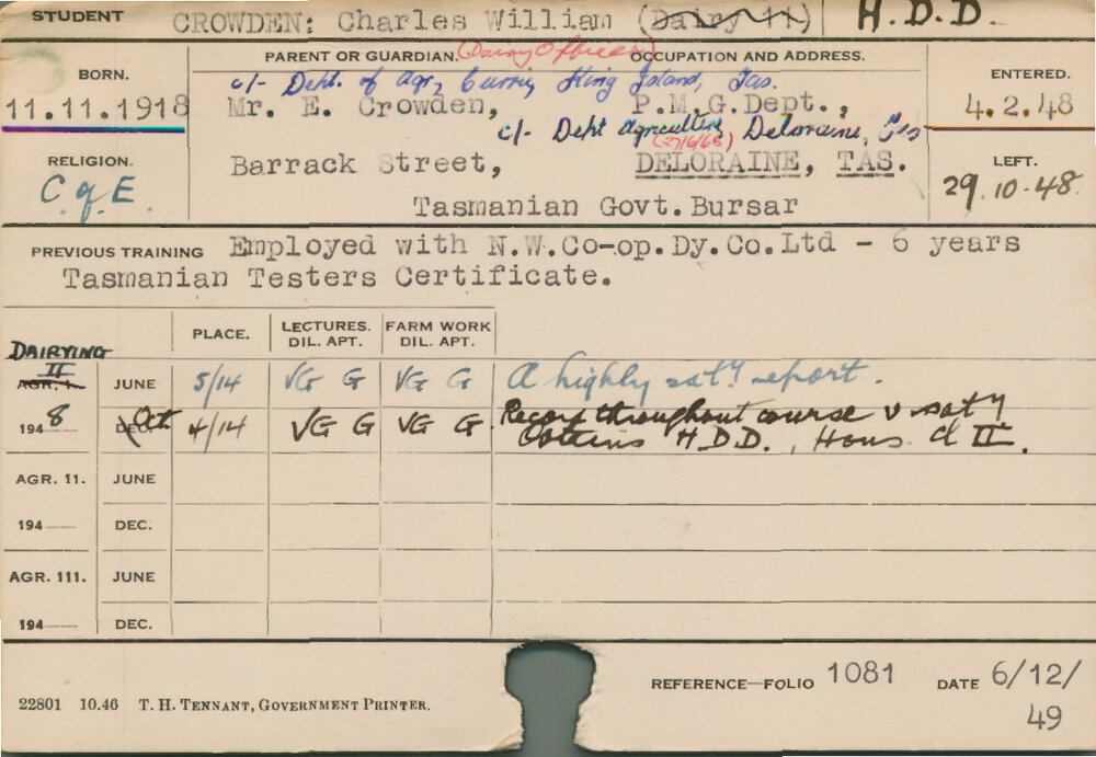CROWDEN, Charles William (Hawkesbury Diploma in Dairy (HDD))