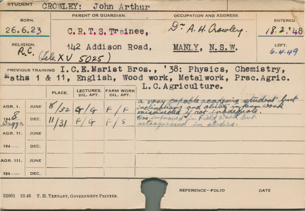 CROWLEY, John Arthur (Course Not Identified)
