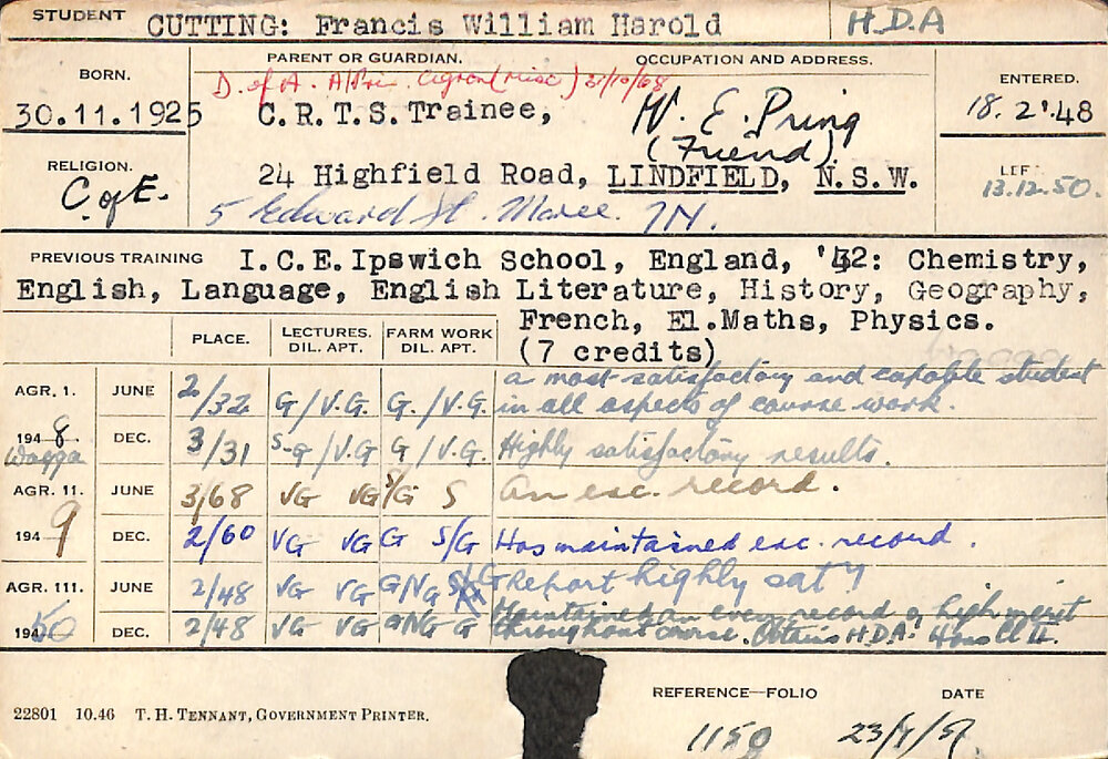 CUTTING, Francis William Harold (Hawkesbury Diploma of Agriculture (HDA))