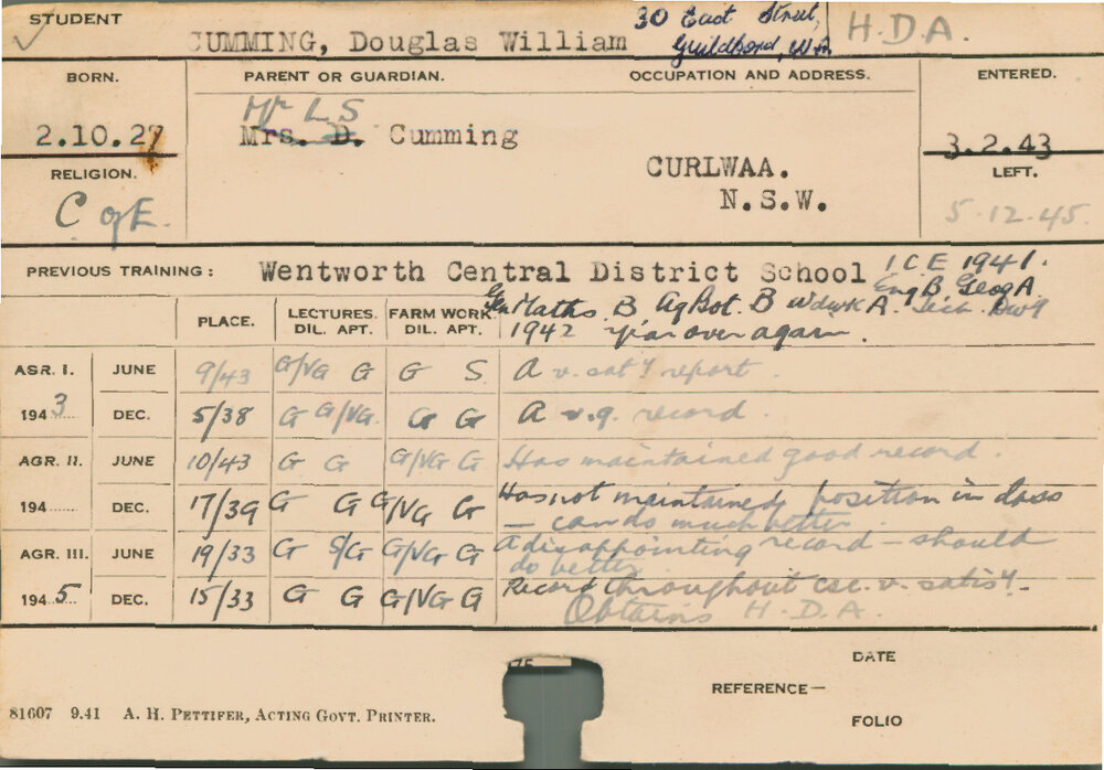 CUMMING, Douglas William (Hawkesbury Diploma of Agriculture (HDA))