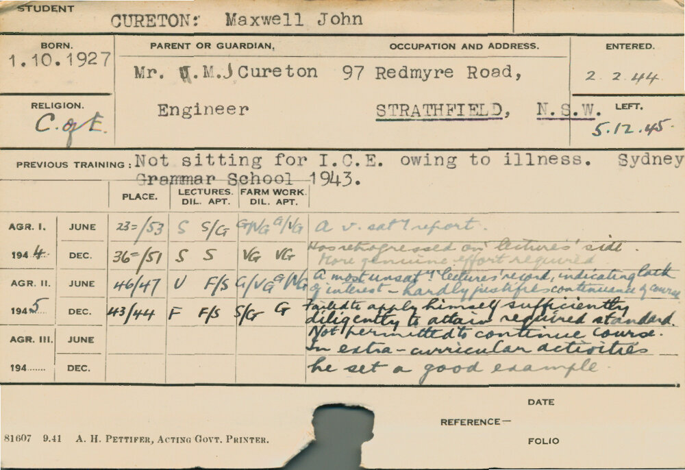 CURETON, Maxwell John (Course Not Identified)