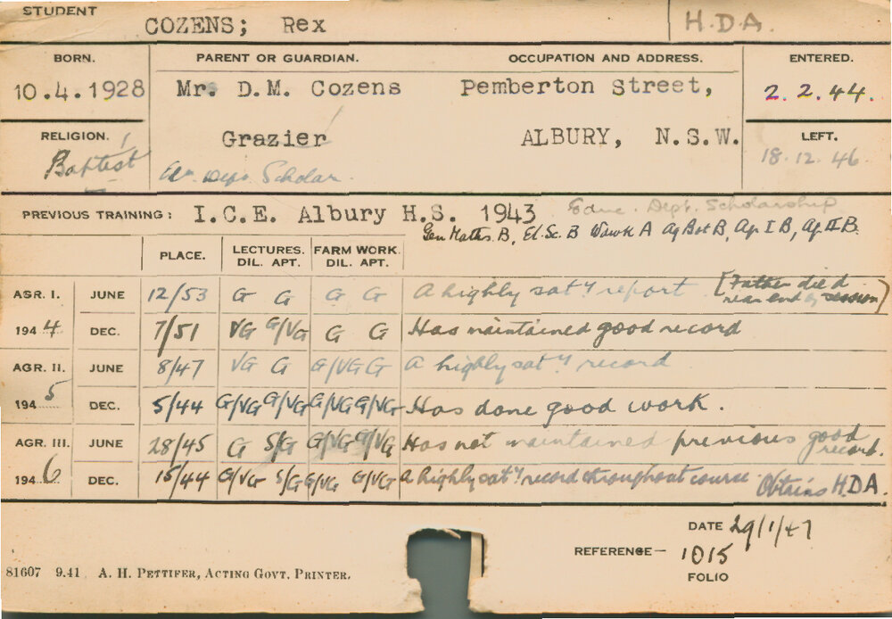 COZENS, Rex (Hawkesbury Diploma of Agriculture (HDA))