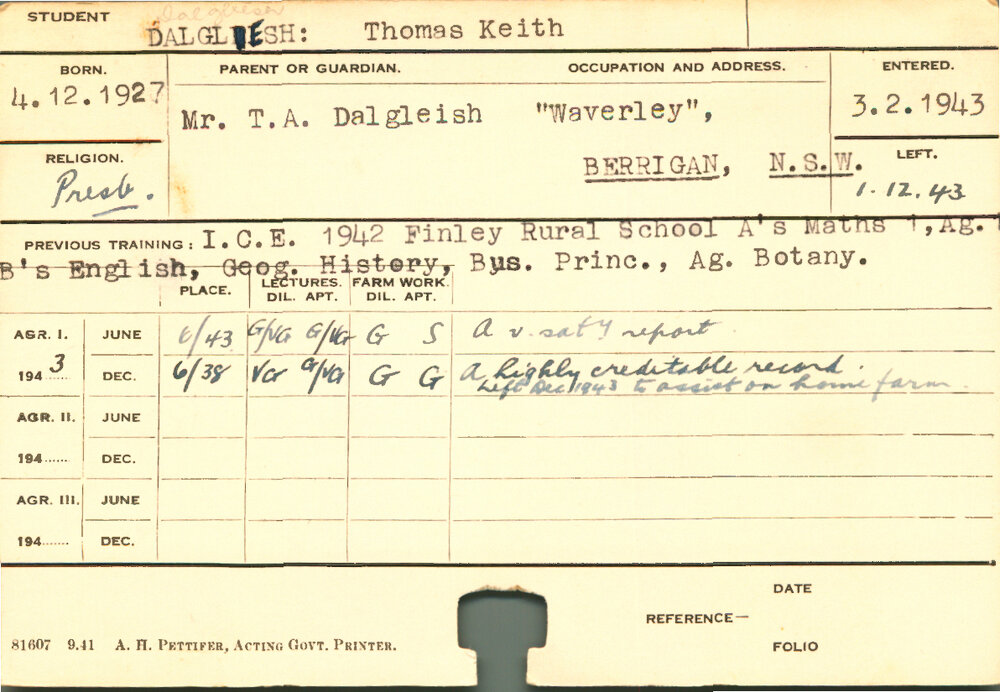 DALGLIESH, Thomas Keith (First year Agriculture)