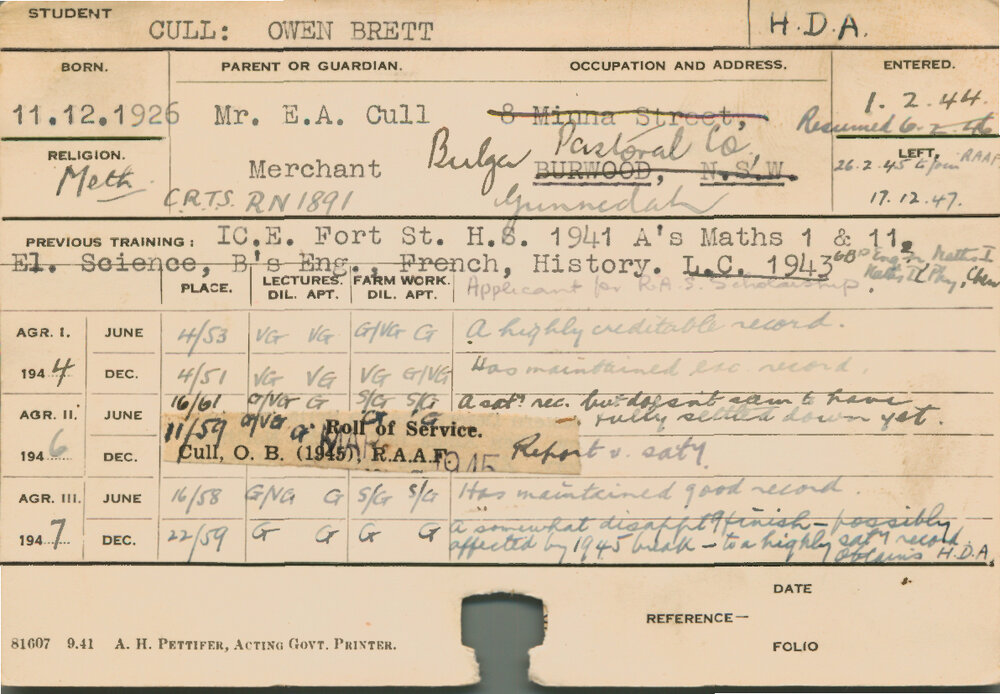 CULL, Owen Brett (Hawkesbury Diploma of Agriculture (HDA))