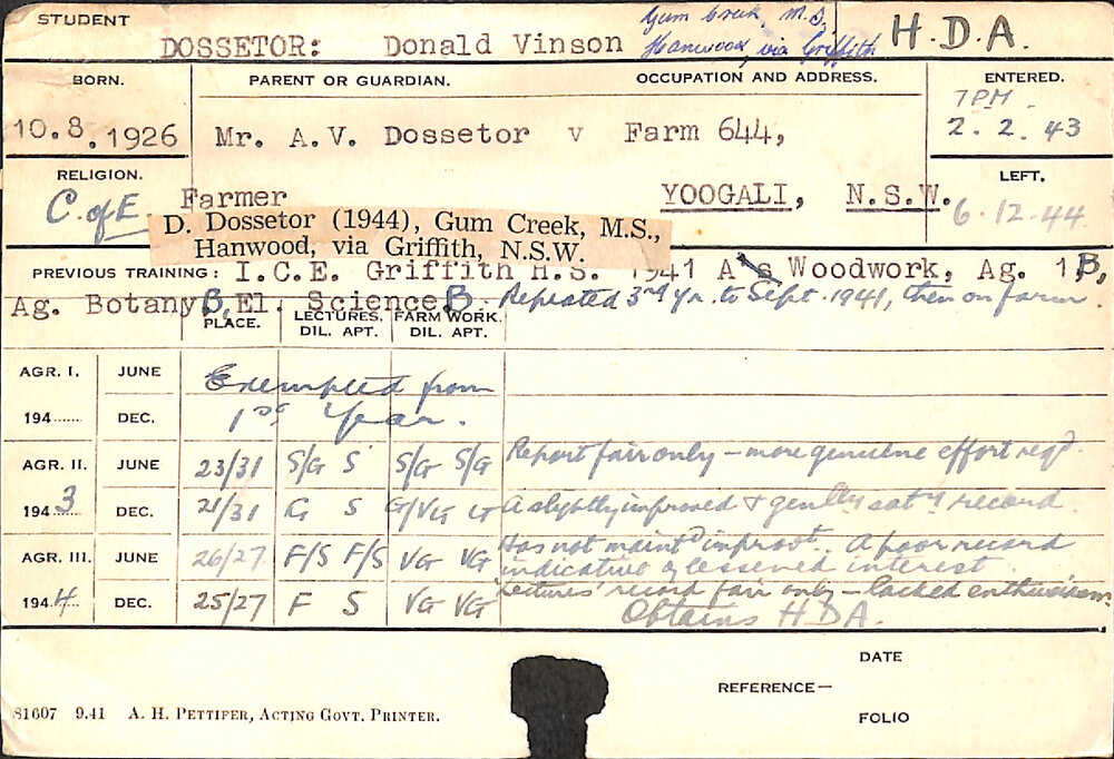 DOSSETOR, Donald Vinson (Hawkesbury Diploma of Agriculture (HDA))