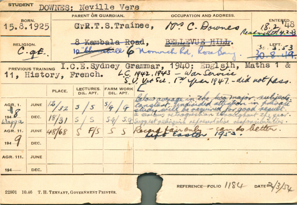 DOWNES, Neville Vere (Course Not Identified)