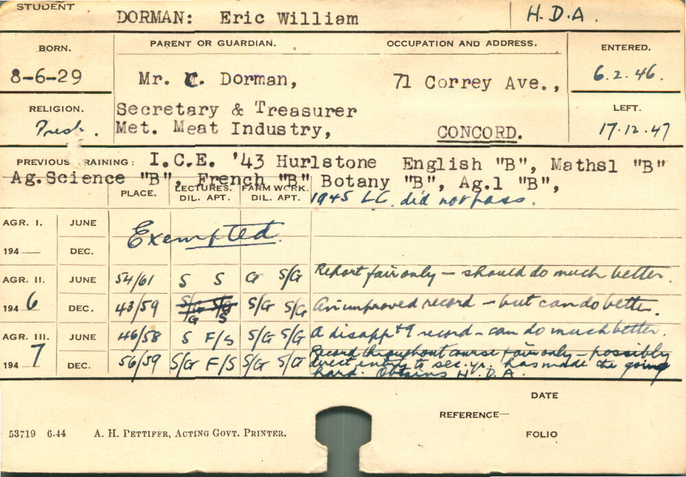 DORMAN, Eric William (Hawkesbury Diploma of Agriculture (HDA))