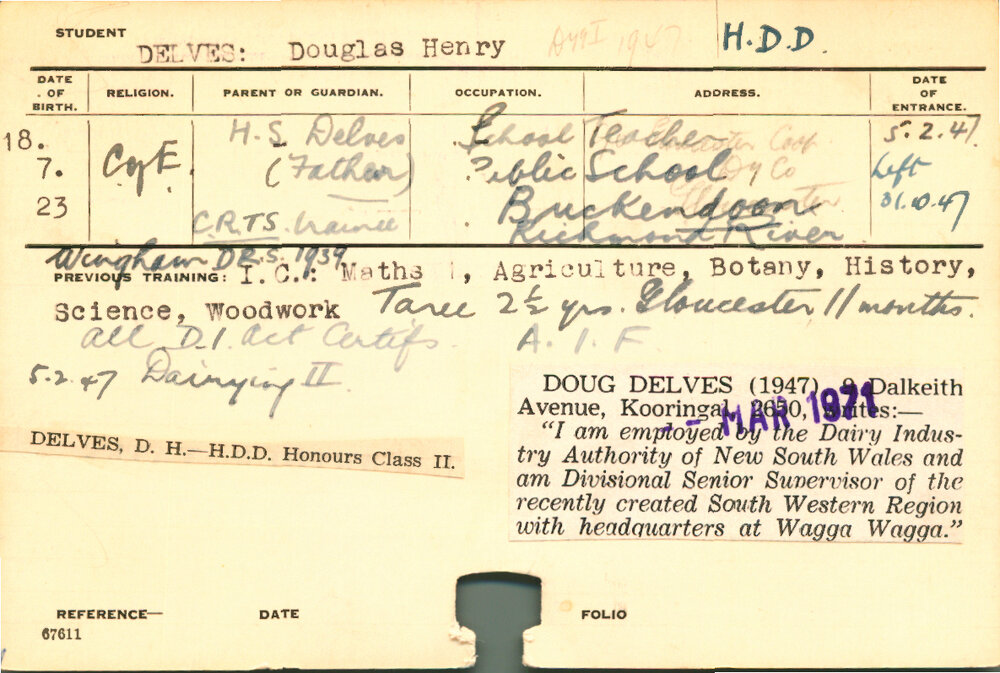 DELVES, Douglas Henry (Hawkesbury Diploma in Dairy Technology (HDDT))