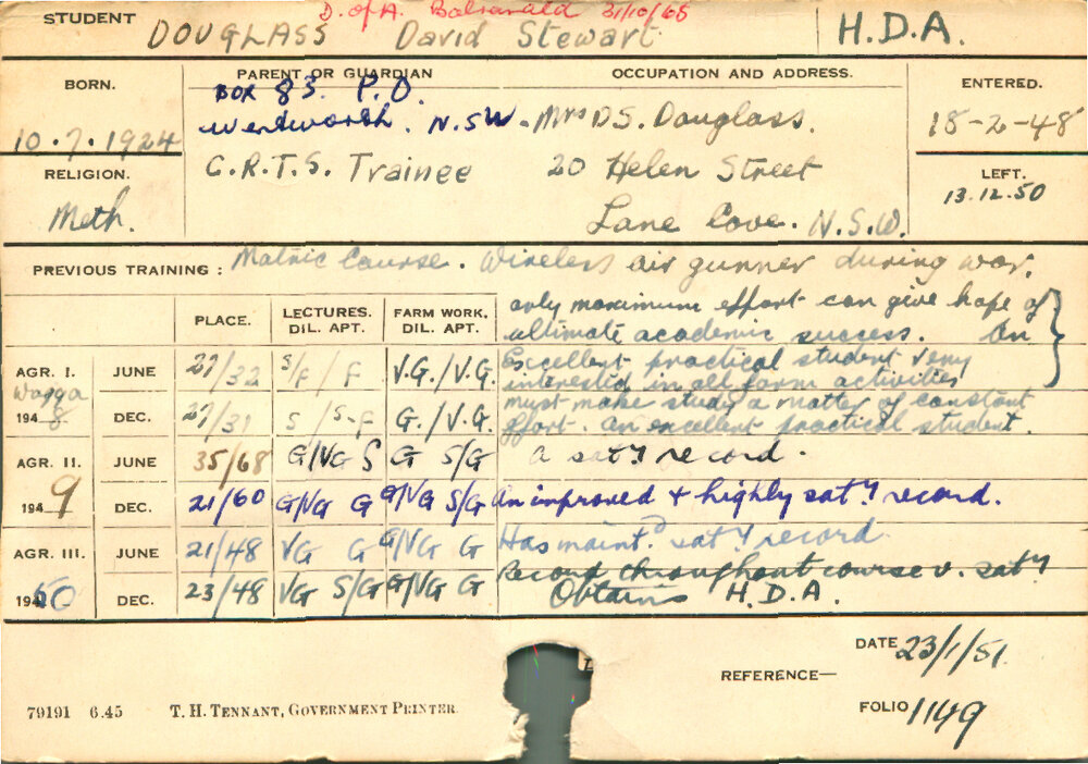 DOUGLASS, David Stewart (Hawkesbury Diploma of Agriculture (HDA))