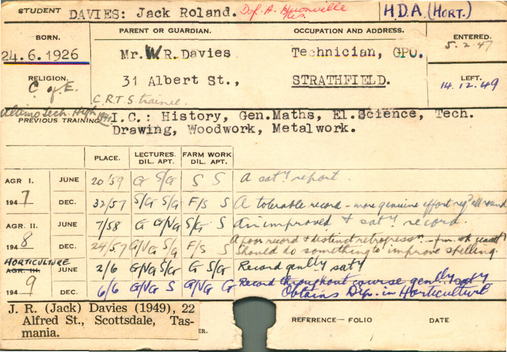 DAVIES, Jack Roland (Hawkesbury Diploma of Agriculture (HDA) (Horticulture))
