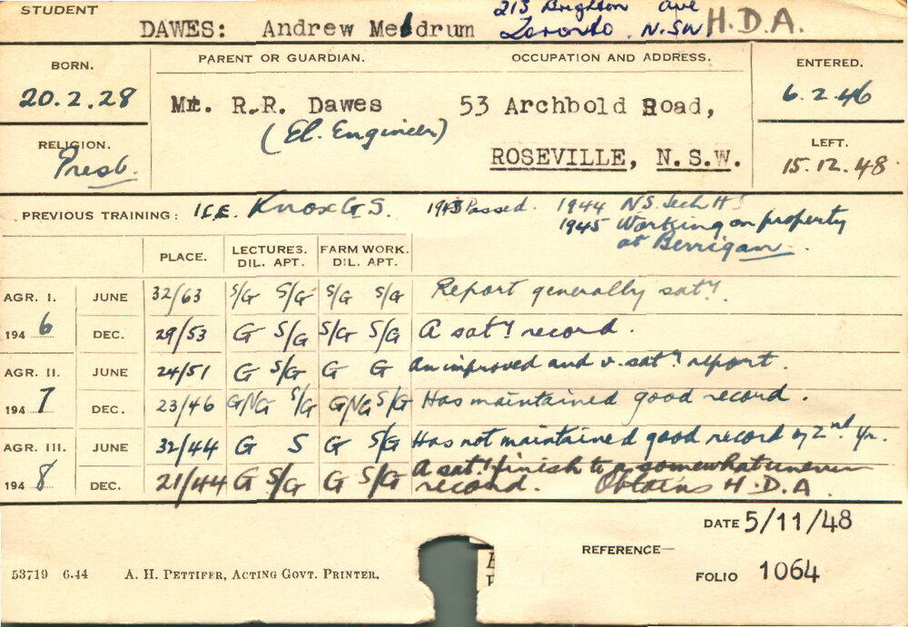 DAWES, Andrew Meldrum (Hawkesbury Diploma of Agriculture (HDA))
