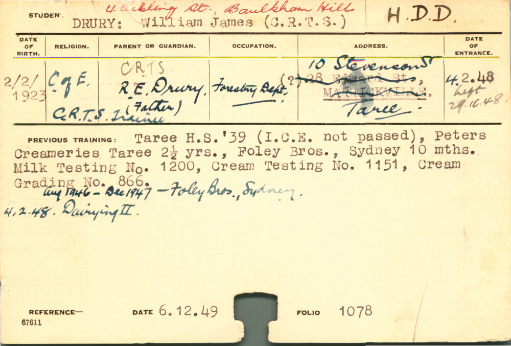 DRURY, William James (Hawkesbury Diploma in Dairy (HDD))