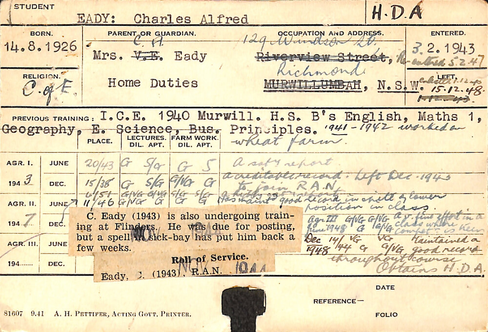 EADY, Charles Alfred (Hawkesbury Diploma of Agriculture (HDA))