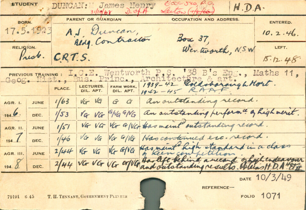 DUNCAN, James Henry (Hawkesbury Diploma of Agriculture (HDA))