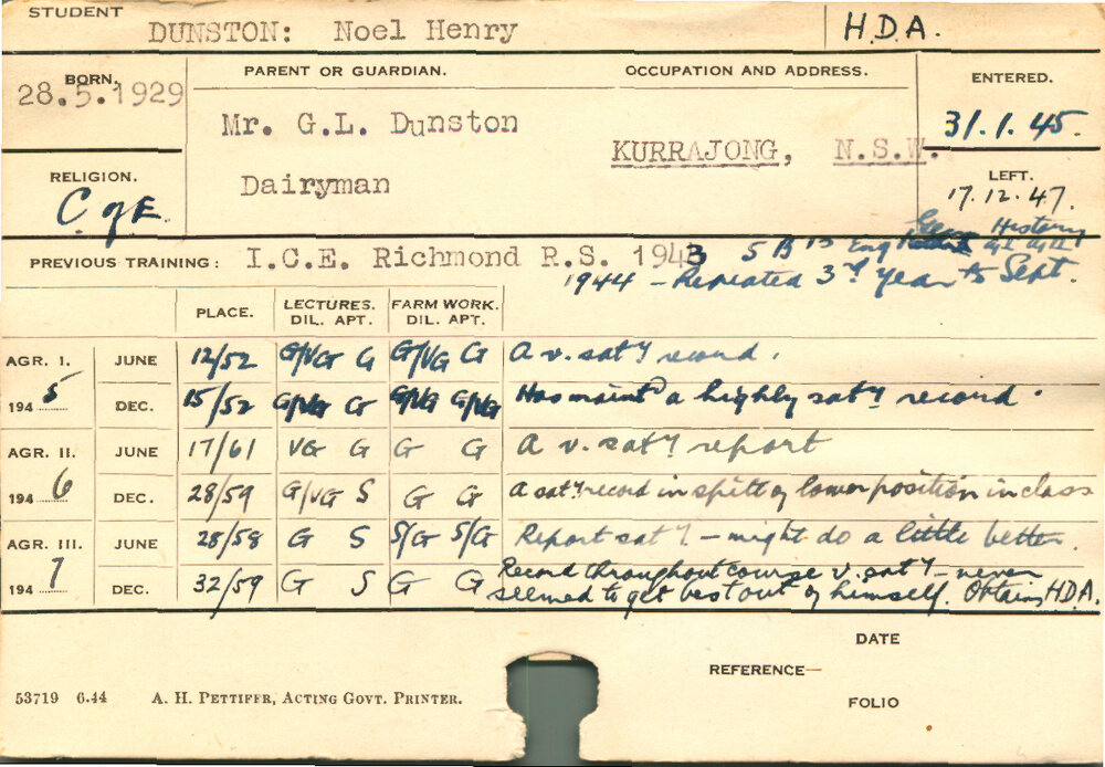 DUNSTON, Noel Henry (Hawkesbury Diploma of Agriculture (HDA))