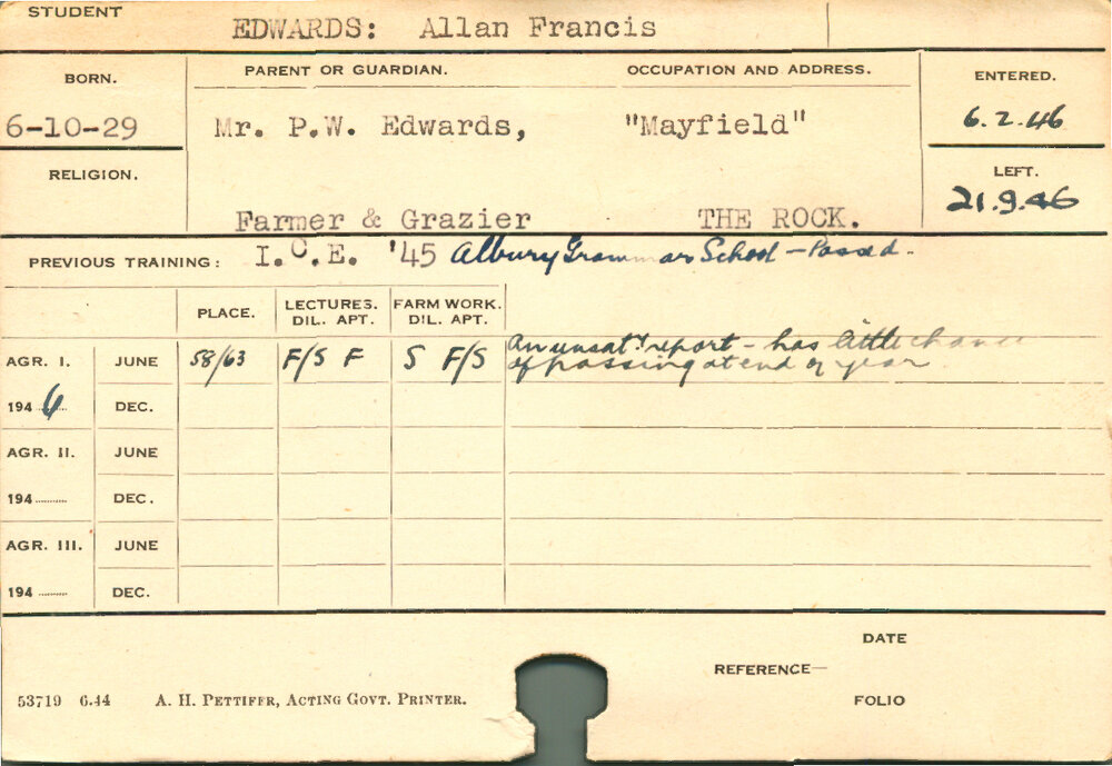 EDWARDS, Allan Francis (Course Not Identified)