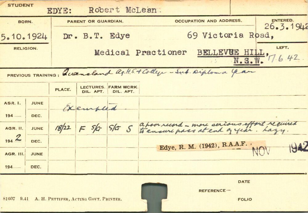 EDYE, Robert McLean (Course Not Identified)