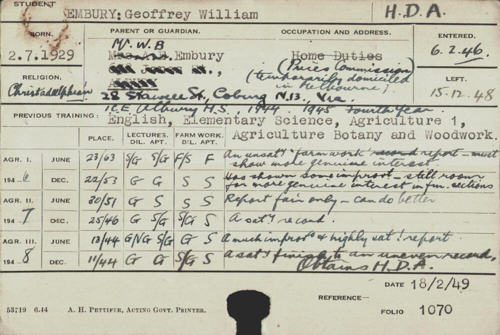 EMBURY, Geoffrey William (Hawkesbury Diploma of Agriculture (HDA))