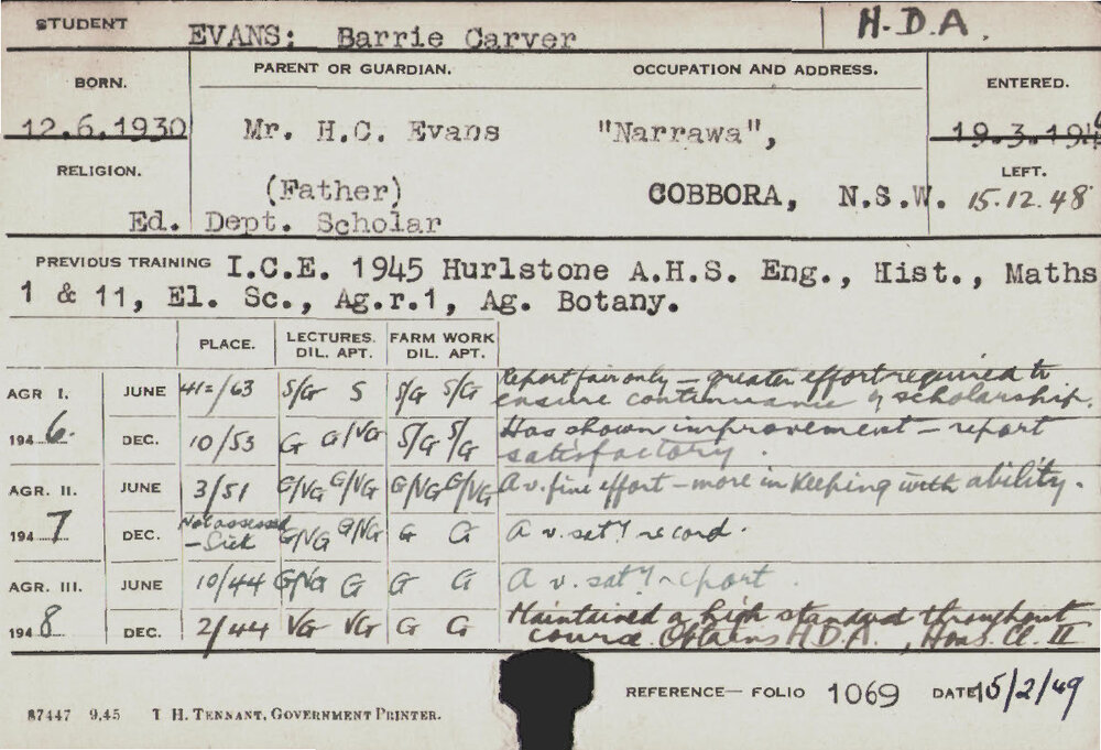 EVANS, Barrie Carver (Hawkesbury Diploma of Agriculture (HDA) (Honours Class II))