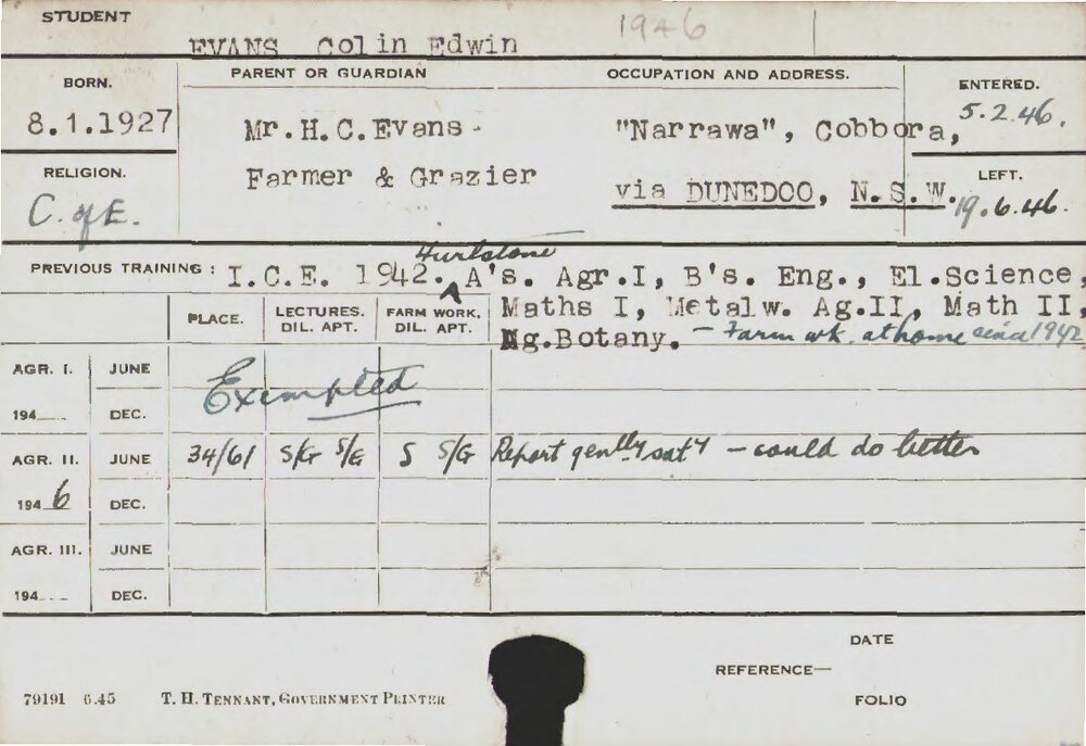 EVANS, Colin Edwin (Hawkesbury Diploma of Agriculture (HDA))