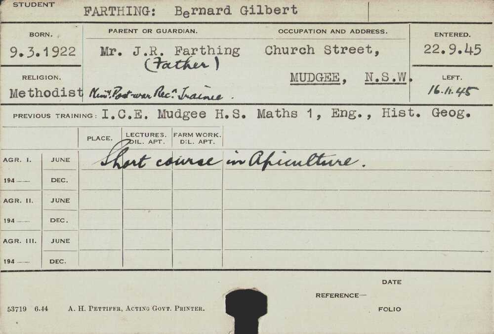 FARTHING, Bernard Gilbert (Short Course - Apiculture)