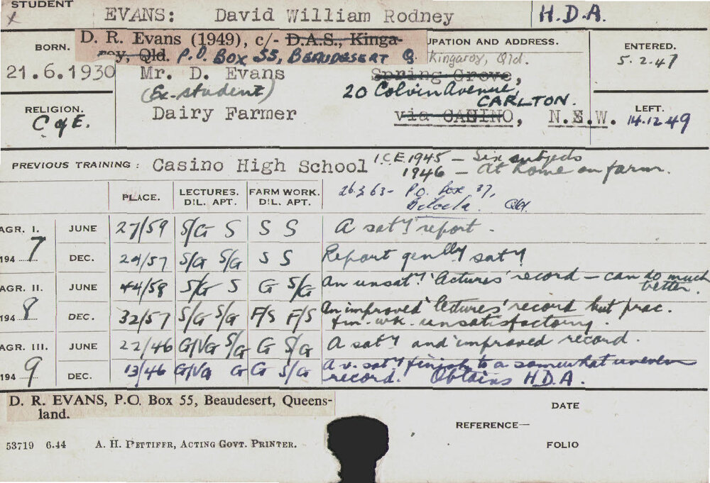 EVANS, David William Rodney (Hawkesbury Diploma of Agriculture (HDA))