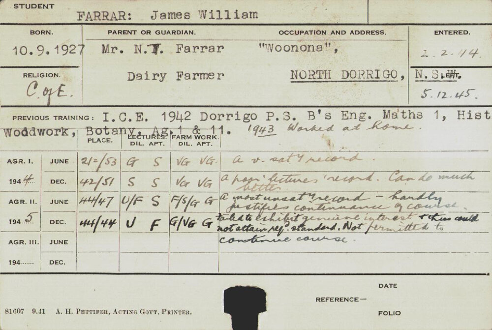 FARRAR, James William (Hawkesbury Diploma of Agriculture (HDA))