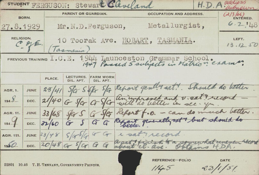 FERGUSON, Stewart Cleveland (Hawkesbury Diploma of Agriculture (HDA))